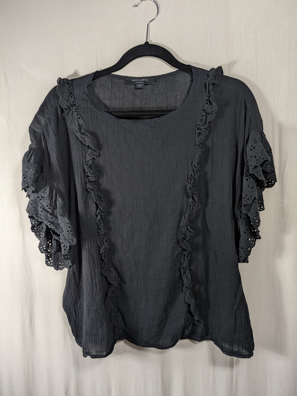 All Saints Black Ruffle Eyelet Sleeve Top